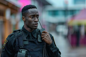 Male Security Guard in Black Uniform Using Walkie-Talkie - A young African American security guard in a professional black uniform, equipped with a walkie-talkie, surveilling