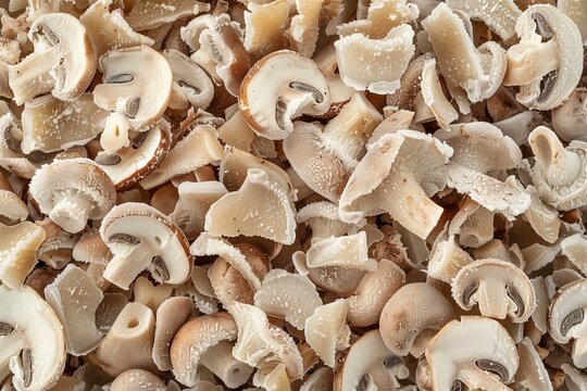 Frozen Mushrooms Slices, Arranged in a Pile, Highlighting Their Fresh and Firm Texture