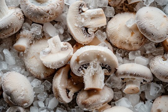 Frozen Paris Mushroom Slices on a Bed of Ice, Highlighting their Fresh and Firm Texture