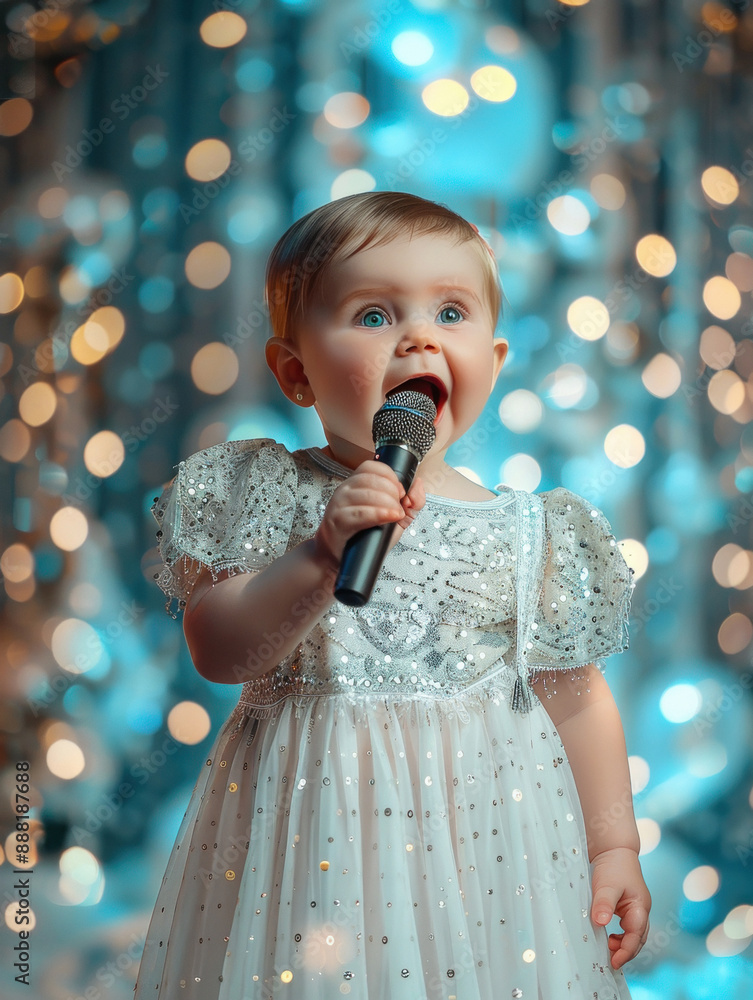 Wall mural cute little baby girl holding microphone and singing a song at function