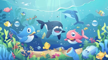 Obraz premium Eco Heroes of the Deep: A Vibrant 3D Cartoon Assembly of Marine Creatures Tackling Plastic Waste, A Call to Preserve Our Oceans, Perfect for Eco-Centric Advertisements and Invitations, 4K Ultra HD Ren