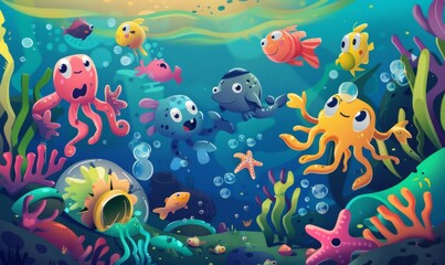 Obraz premium Eco Heroes of the Deep: A Vibrant 3D Cartoon Assembly of Marine Creatures Tackling Plastic Waste, A Call to Preserve Our Oceans, Perfect for Eco-Centric Advertisements and Invitations, 4K Ultra HD Ren