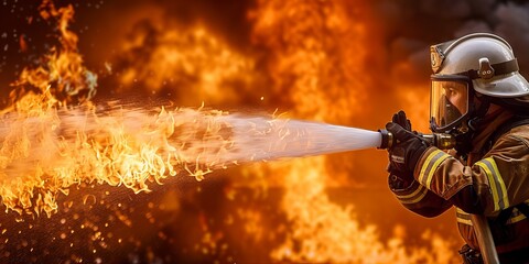 Firefighter battling blazing fire, heroic firefighter spraying water on flames, intense rescue operation in action, firefighting concept