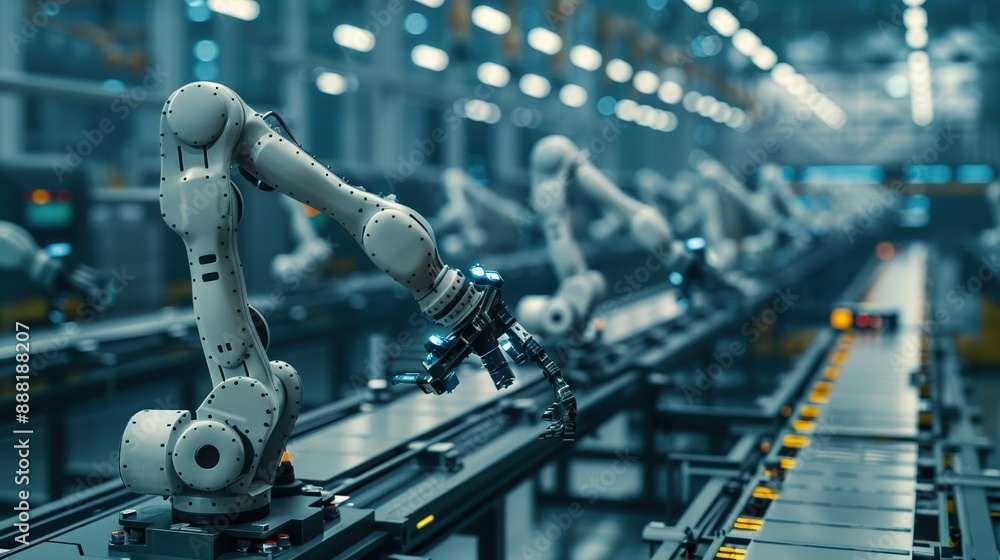 Poster a robot is working on a conveyor belt in a factory