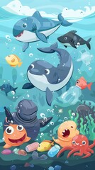 Obraz premium Eco Heroes of the Deep: A Vibrant 3D Cartoon Assembly of Marine Creatures Tackling Plastic Waste, A Call to Preserve Our Oceans, Perfect for Eco-Centric Advertisements and Invitations, 4K Ultra HD Ren