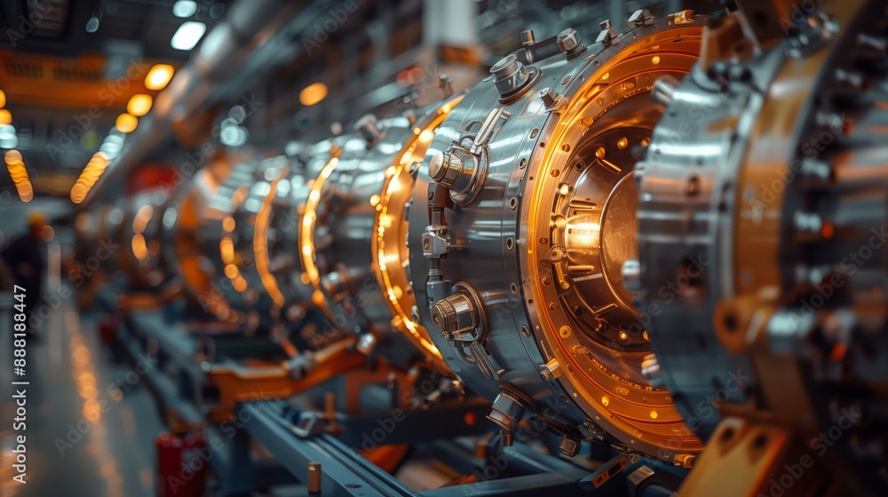 Poster close-up view of engineers conducting stress tests on reusable rocket components in a factory settin