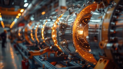 Close-up view of engineers conducting stress tests on reusable rocket components in a factory setting.