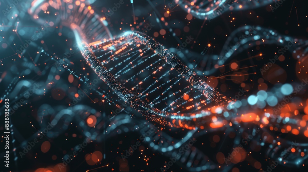 Poster 3d rendering of a dna molecule surrounded by abstract digital data, ideal for genetic and health top