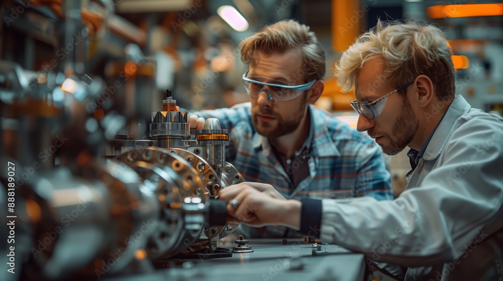 Poster two engineers in a factory setting conduct durability tests on an electric motor, inspecting and adj