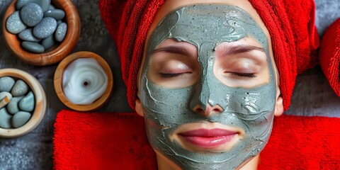 Relaxing spa facial treatment, woman with mud mask on face, red towel turban, surrounded by stones, skincare, beauty, self-care, spa day, wellness concept