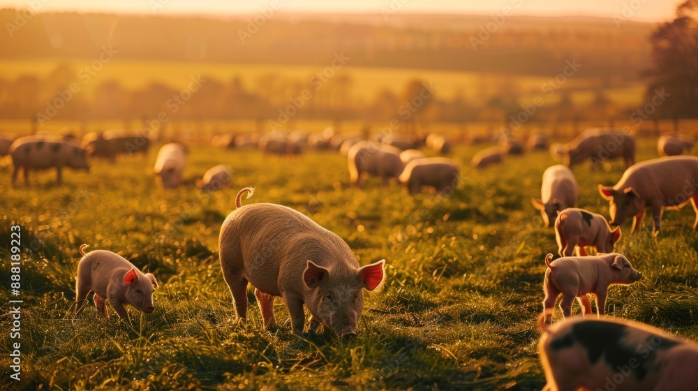 Poster a herd of pigs are grazing in a field