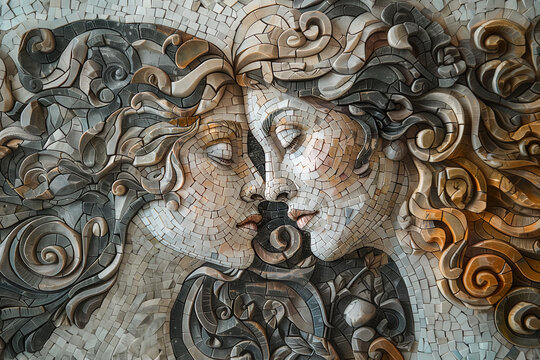 Mosaic of two women with their heads touching. It is the zodiac sign of Gemini.