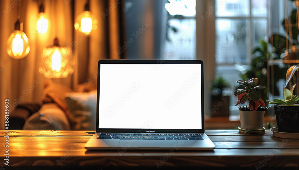 Poster a laptop computer with a white screen is placed on a wooden table in front of a window