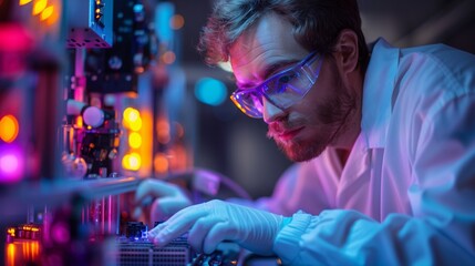 Engineer meticulously assembles a small satellite, contributing to a global communication network.