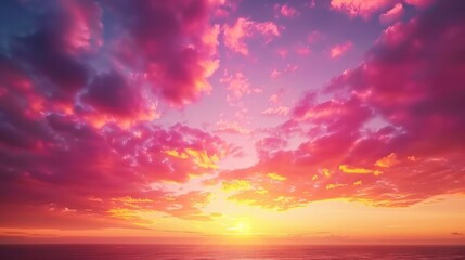 Obraz premium A stunning sunset sky filled with vibrant hues of orange, pink, and purple, casting a warm glow over the horizon, perfect for serene and captivating background images