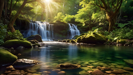 Waterfall  Beauty: A Picturesque Waterfall Amidst Lush Greenery