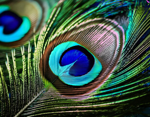Fototapeta premium 8K resolution close-up of a peacock feather, iridescent blues and greens shimmering, minute