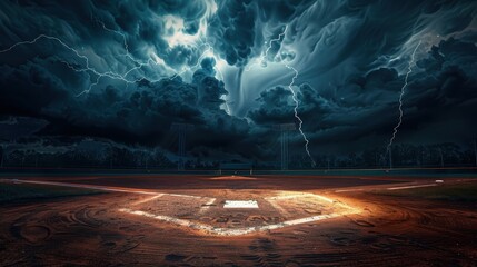 Baseball field with a dramatic stormy sky overhead, featuring dark clouds and multiple lightning strikes