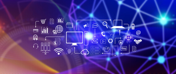 Technology equipment and line interface icons, Computer system resources and data storage, Cloud service technology marketing and business concept, for background.