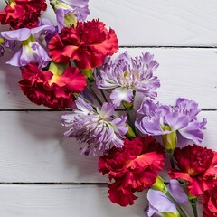 Carnation and statice limonium flowers on white wood top view close up