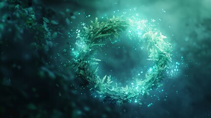 Obraz premium Magical forest circle of green leaves. A circular arrangement of green foliage creates a mesmerizing pattern, surrounded by ethereal glowing particles in a dreamy forest scene.