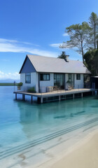 Fototapeta premium a house on the water with a dock in front of it, lake house, true realistic image, built around ocean, underwater home, next to the reflecting ocean, realistic water