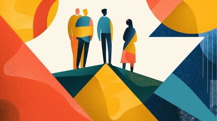 Diverse group standing together on hill. A diverse group of people stand together on a hill, symbolic of unity and collaboration.