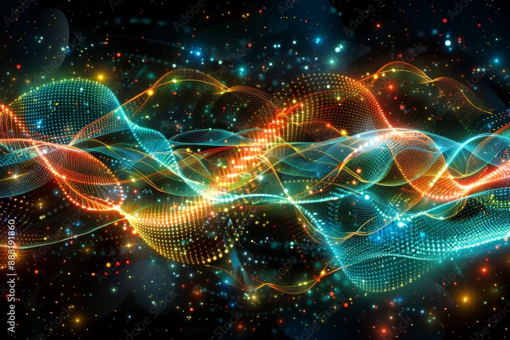 Poster dynamic digital waves of neon lights with a starry background creating a vibrant and futuristic scen