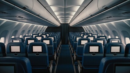 Fototapeta premium The image shows an empty airplane cabin with blue seats and personal TVs.