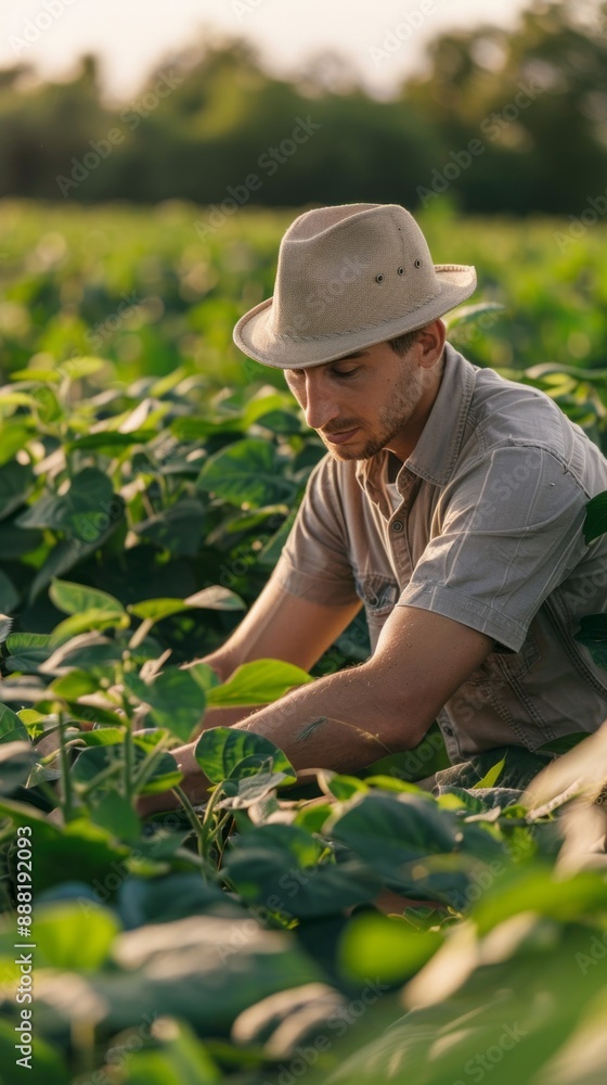 Poster a man in a straw hat is working in a field of green plants