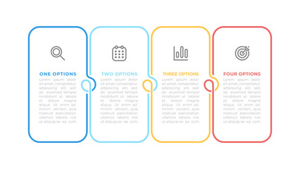 Obraz premium Square infographic thin line element design with marketing icons. Timeline process with 4 steps and options. Vector illustration. Ideal for business presentations, workflow diagrams.