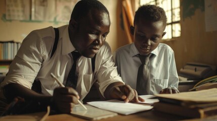 A teacher assists a student with homework in a classroom, highlighting the importance of education and mentorship in a supportive learning environment.