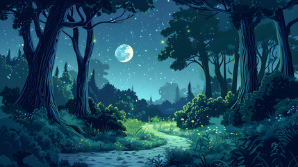 Obraz premium vector background illustration that depicts a nocturnal adventure in the wilderness. dark greens and forest illuminated by moonlight. towering trees, mysterious wildlife, and a winding path