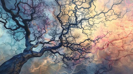 Fototapeta premium Tree branches against dreamy sky. Abstract image of tree branches reaching up towards a colorful, dreamy sky.