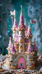Fototapeta premium Princess Castle Birthday Cake with Turrets, Tiaras, and Magic Wands Decorations - Perfect for Kids' Celebrations