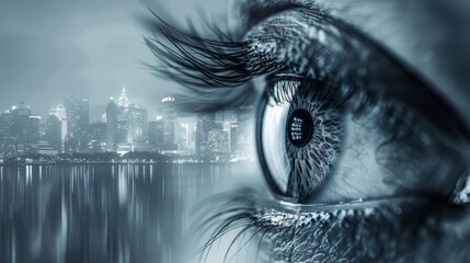 Cityscape reflected in eye. Close-up photo of an eye with a city skyline reflection.