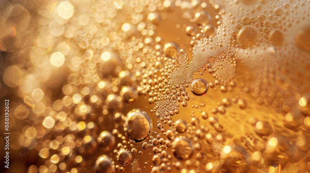 Poster golden bubbles close-up macro. macro photo of golden bubbles, sparkling in the light, creating a mes
