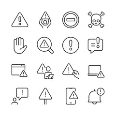 Alert and Risk Sign, icon set. Caution and Warning, Exclamation Marks. Attention-Grabbing Signs, Risks and Alerts. Safety, Hazard Communication and Preventive Measures. Line with editable stroke