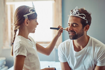 Crown, makeup and girl with father in home for dress up with tea party for bonding together. Happy, cosmetic and child having fun with dad for fantasy costume with princess tiara in family house. © NonVig/peopleimages.com