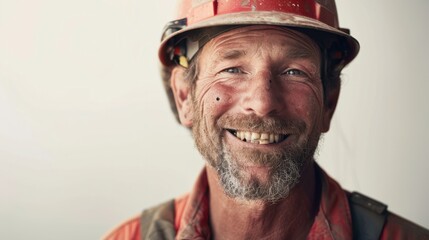 Obraz premium A close-up portrait captures the smiling face of a Caucasian construction worker against a plain white background.