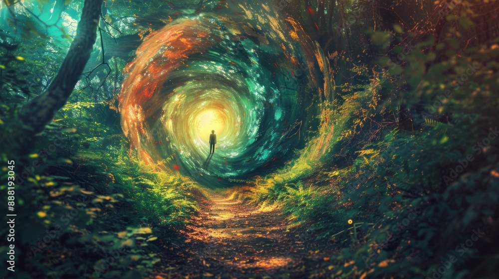 Poster Mystical forest path with swirling vortex. A lone figure walks toward a swirling vortex of light and color, nestled within a lush and mysterious forest.