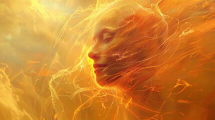 Woman in flames abstract art. Abstract art of a woman's face surrounded by vibrant orange and yellow flames.