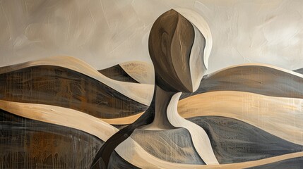 Abstract wooden sculpture in landscape. Contemporary wood sculpture with abstract human form set against a flowing landscape background.