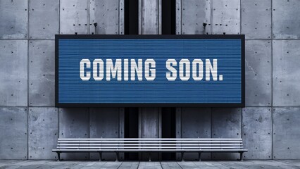 Fototapeta premium A blue billboard on a concrete wall with white text that reads 