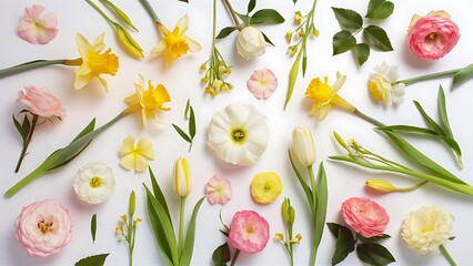 Floral pattern with spring flowers and leaves on white background flat lay composition