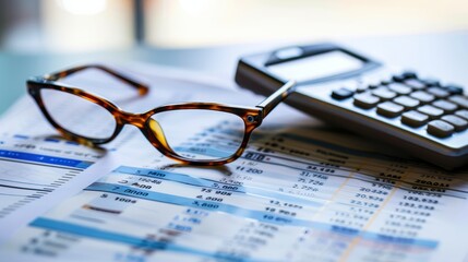 A pair of glasses and calculator on top of a financial online form, with a blurred background
