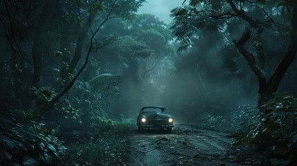 A Mysterious Travel Car Passes Through a Lush Forest Full of Trees, Dark and Foggy with an Eerie Atmosphere