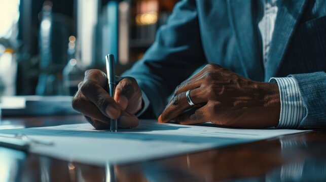 A shareholder signing proxy voting forms, participating remotely in a corporate decision-making process
