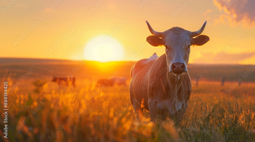 Poster A cow is standing in a field with the sun setting in the background