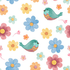 seamless botanical pattern with bird.  Minimalistic bird texture for fabric, textile, wallpaper. White background. Floral background. 
